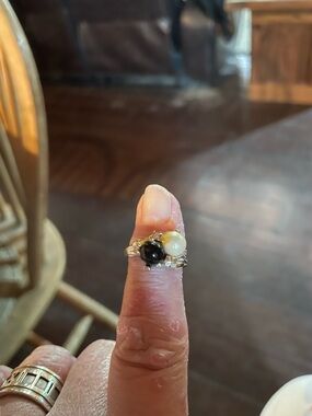 Dual Stone Pearl and Black Onyx Ring in Silver Tone